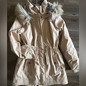 Hollister Women's Beige Coat with Faux Fur Hood